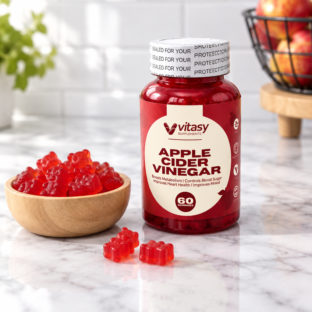 Vitasy Apple Cider Vinegar Gummies on a marble kitchen counter with a bowl of gummies and apples