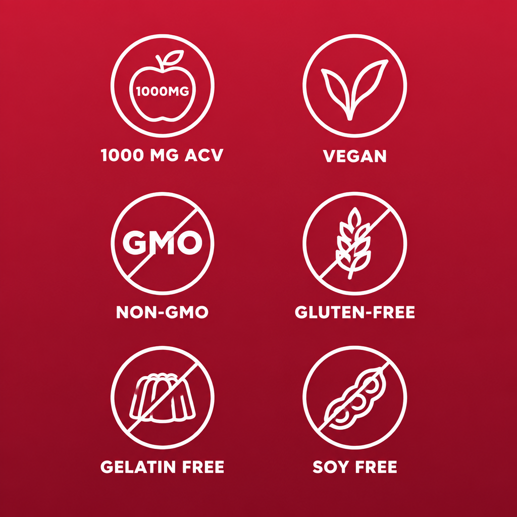 1000 mg ACV, vegan, non-GMO, gluten-free, gelatin free, soy free