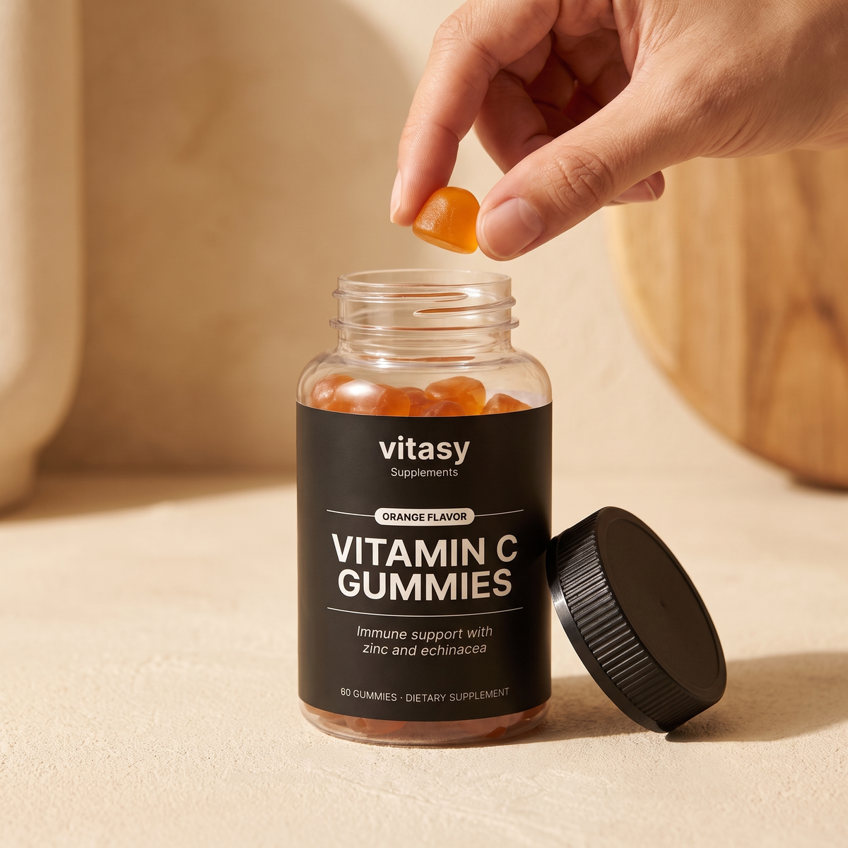 Vitamin C Gummies - Hand holding gummy above open bottle