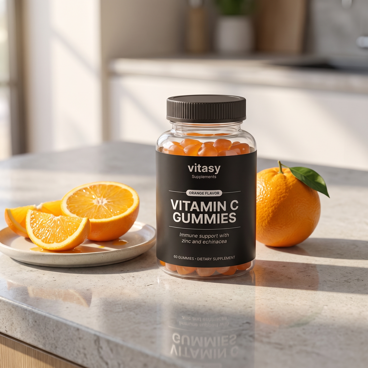 Vitamin C Gummies - Lifestyle with fresh oranges on plate