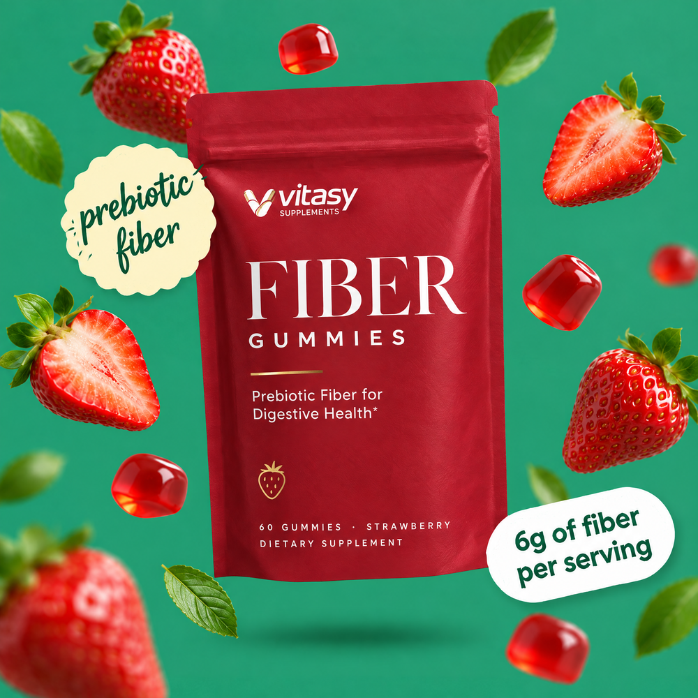 Fiber Gummies Strawberry pouch with floating strawberries and gummies, prebiotic fiber, 6g of fiber per serving