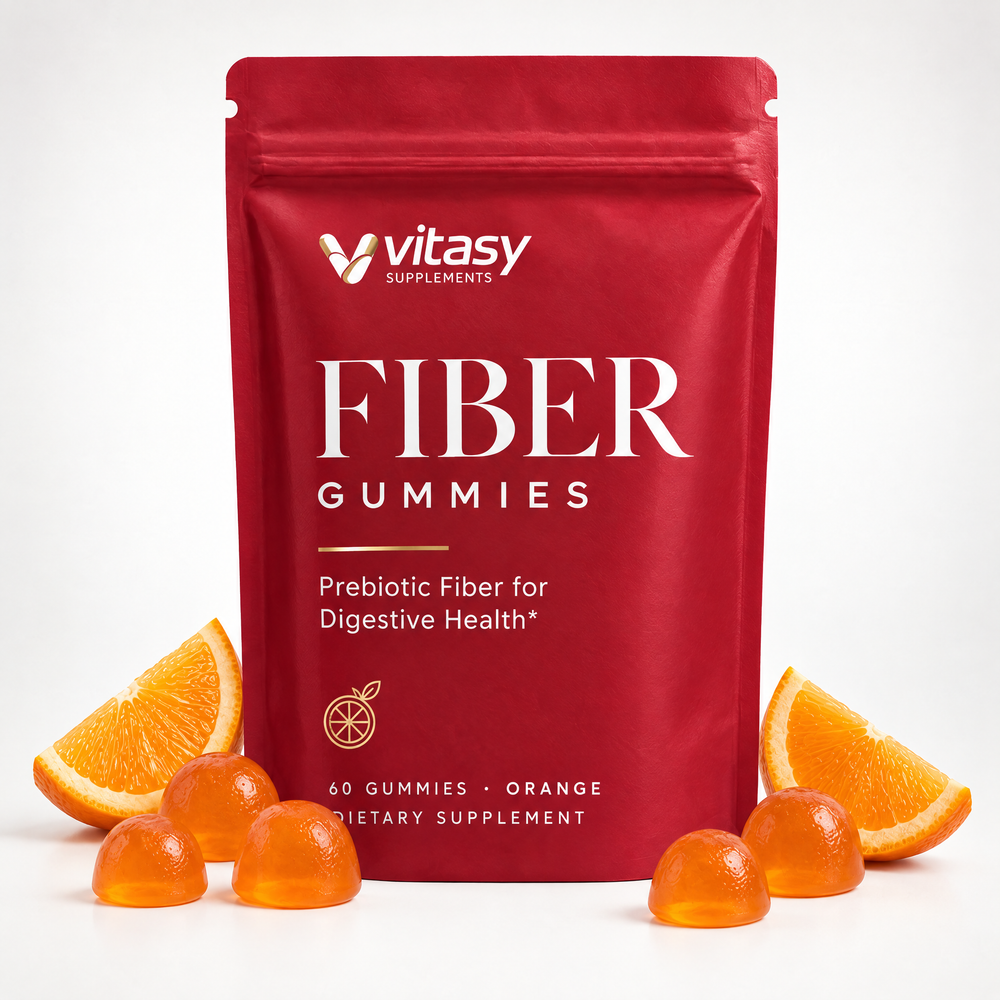 Fiber Gummies Orange pouch packshot on white with orange segments and gummies