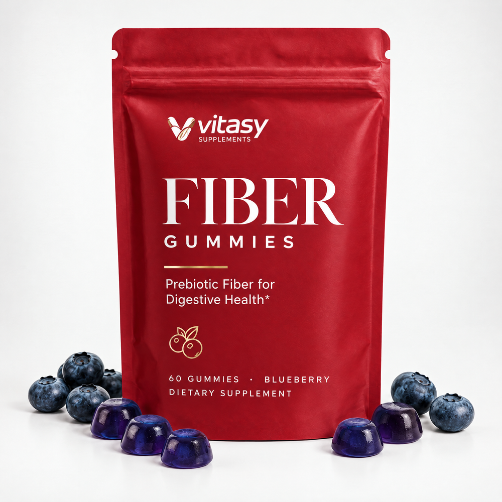 Fiber Gummies Blueberry pouch packshot on white with blueberries and gummies
