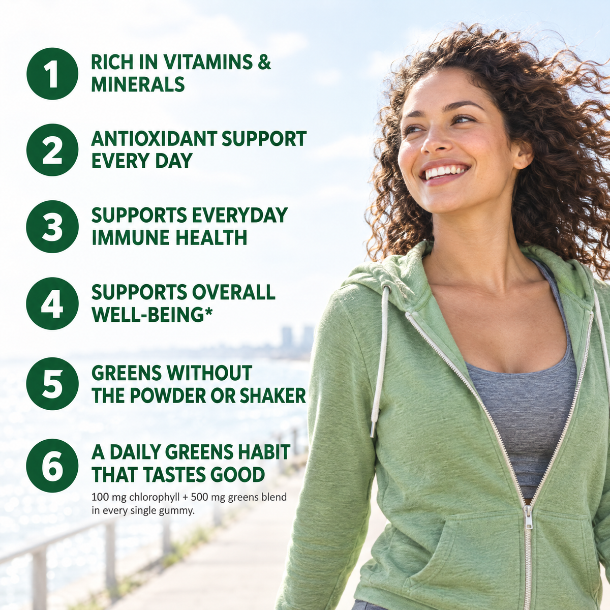 Supergreen Gummies v10 - Six reasons: vitamins and minerals, antioxidant support, immune health, well-being, greens without powder