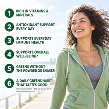 Supergreen Gummies v10 - Six reasons: vitamins and minerals, antioxidant support, immune health, well-being, greens without powder