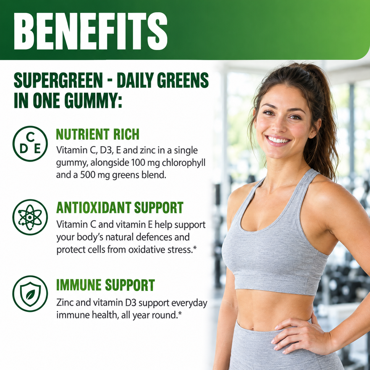 Supergreen Gummies v10 - Benefits: nutrient rich, antioxidant support, immune support