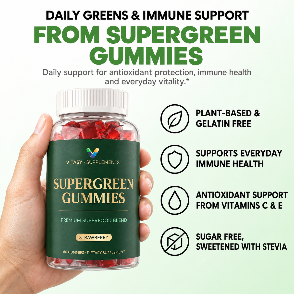Supergreen Gummies v10 - Daily greens and immune support, plant-based and sugar free