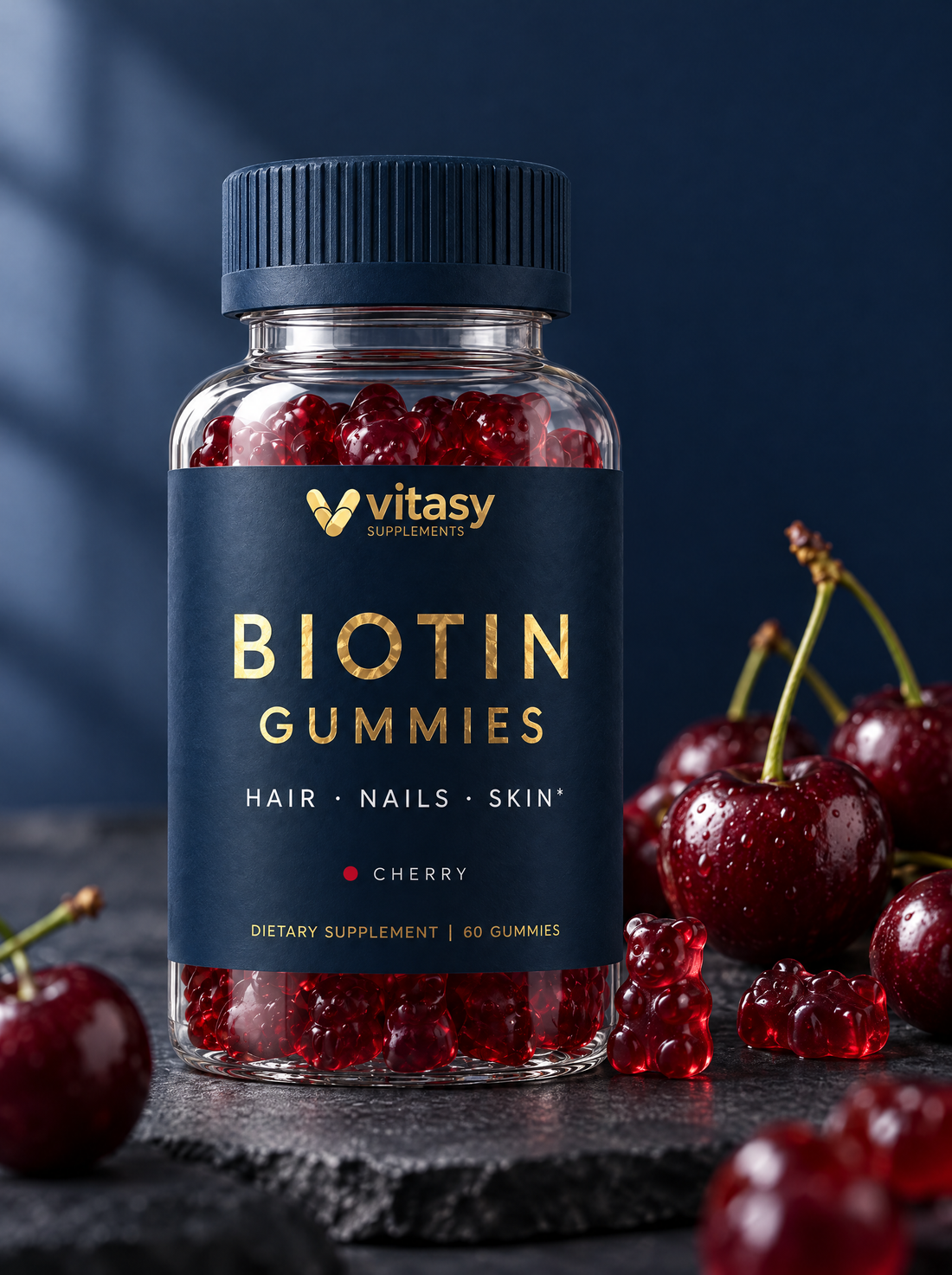 Vitasy Biotin Gummies Cherry, navy bottle with gold foil label, 60 gummies, with fresh cherries
