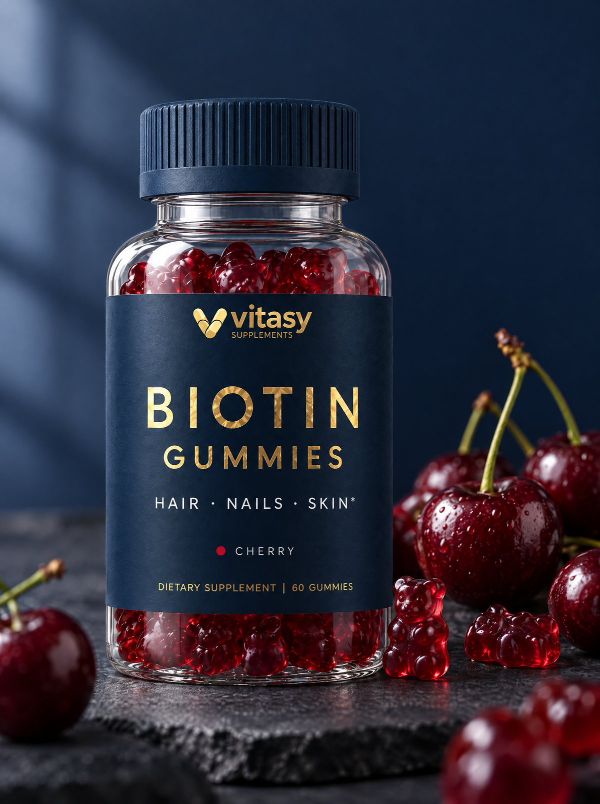 Vitasy Biotin Gummies Cherry, navy bottle with gold foil label, 60 gummies, with fresh cherries