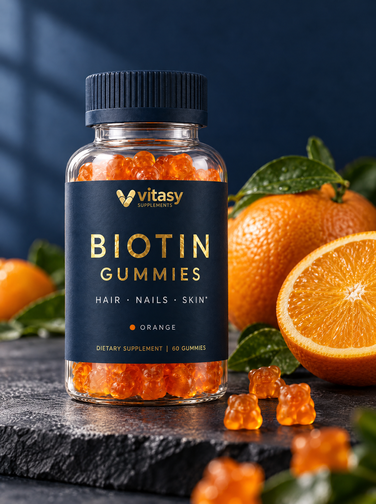 Vitasy Biotin Gummies Orange, navy bottle with gold foil label, 60 gummies, with fresh oranges