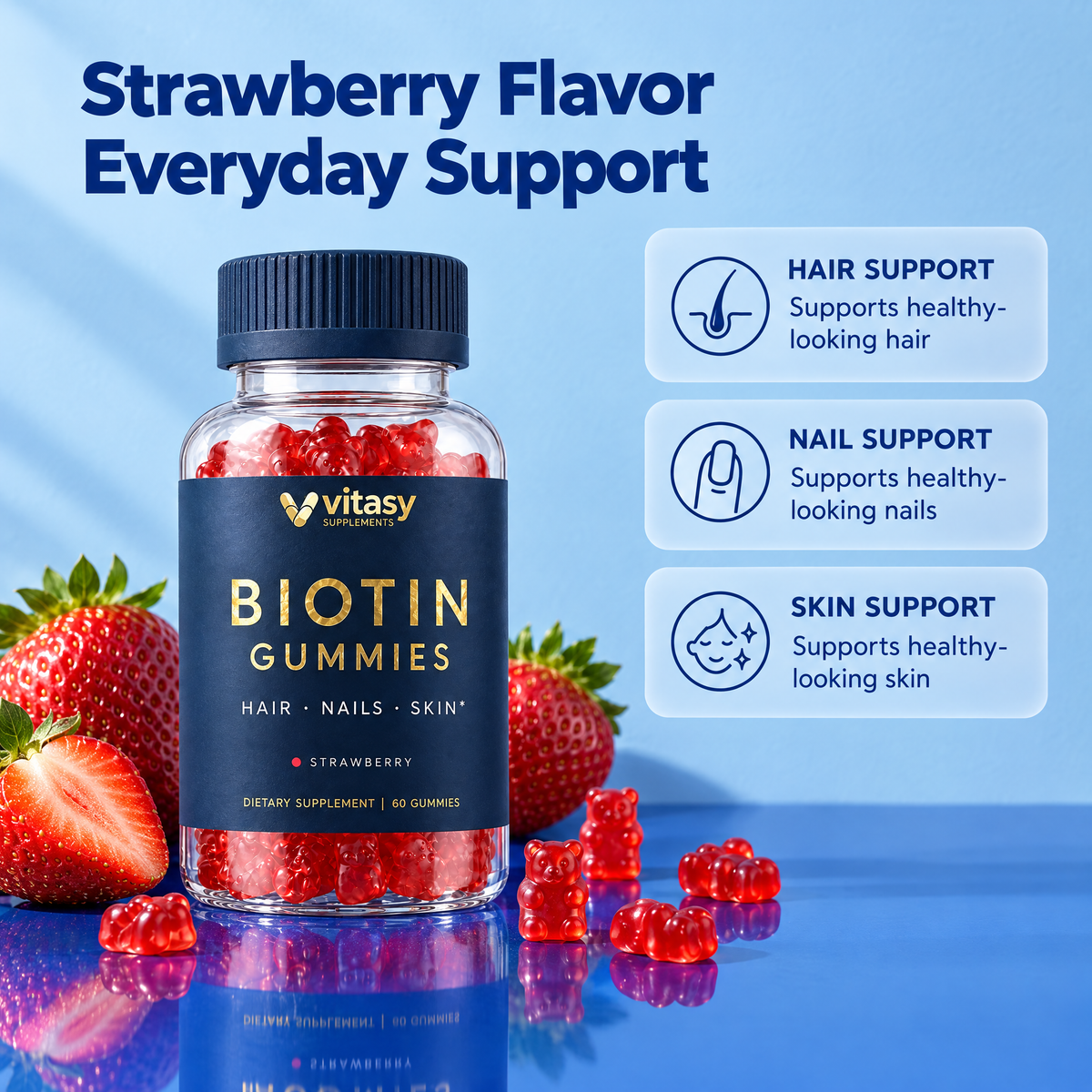 Strawberry flavor everyday support: hair support, nail support, skin support
