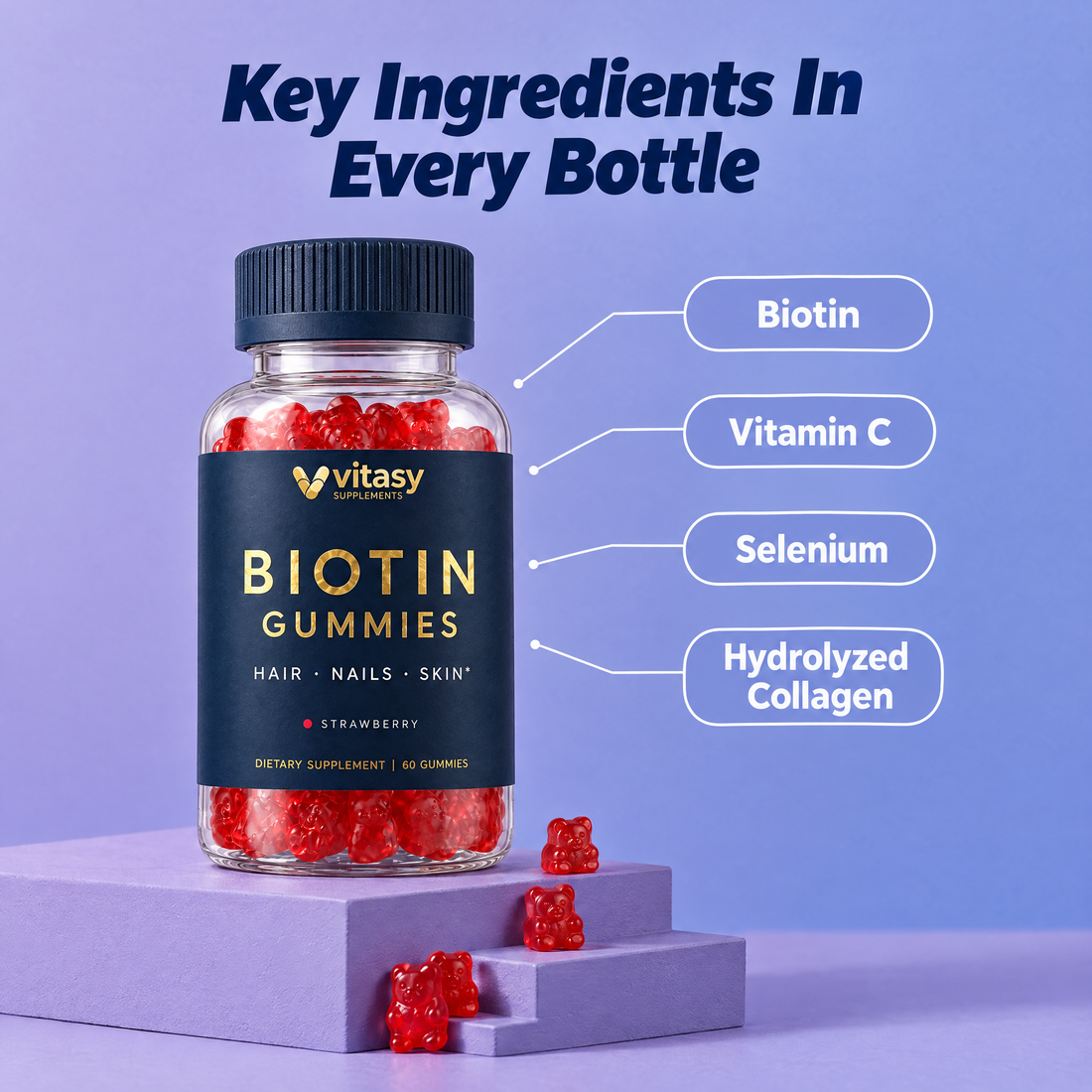 Key ingredients in every bottle: biotin, vitamin C, selenium, hydrolyzed collagen