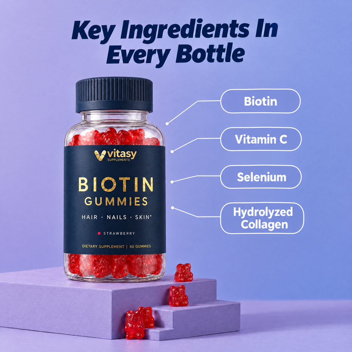 Key ingredients in every bottle: biotin, vitamin C, selenium, hydrolyzed collagen