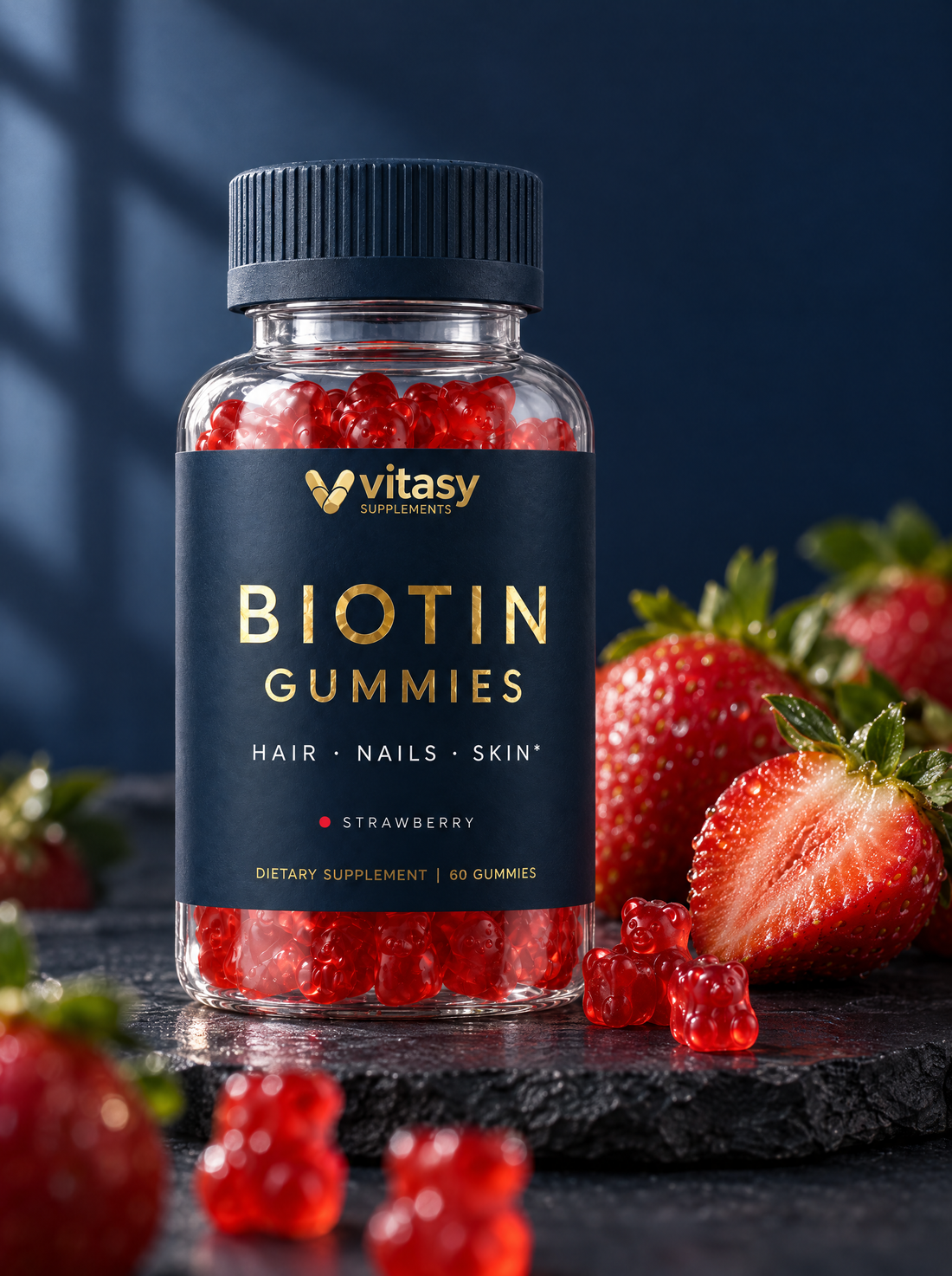 Vitasy Biotin Gummies Strawberry, navy bottle with gold foil label, 60 gummies, with fresh strawberries