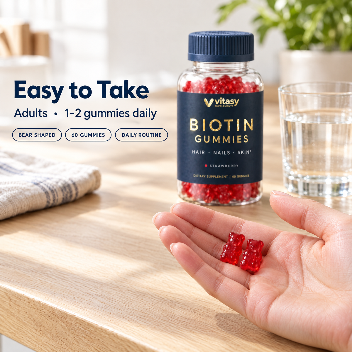 Easy to take: adults 1-2 gummies daily, bear shaped, 60 gummies, daily routine
