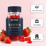 Vitasy Biotin Gummies Strawberry, navy bottle with gold foil label, 60 bear-shaped gummies for hair, nails and skin