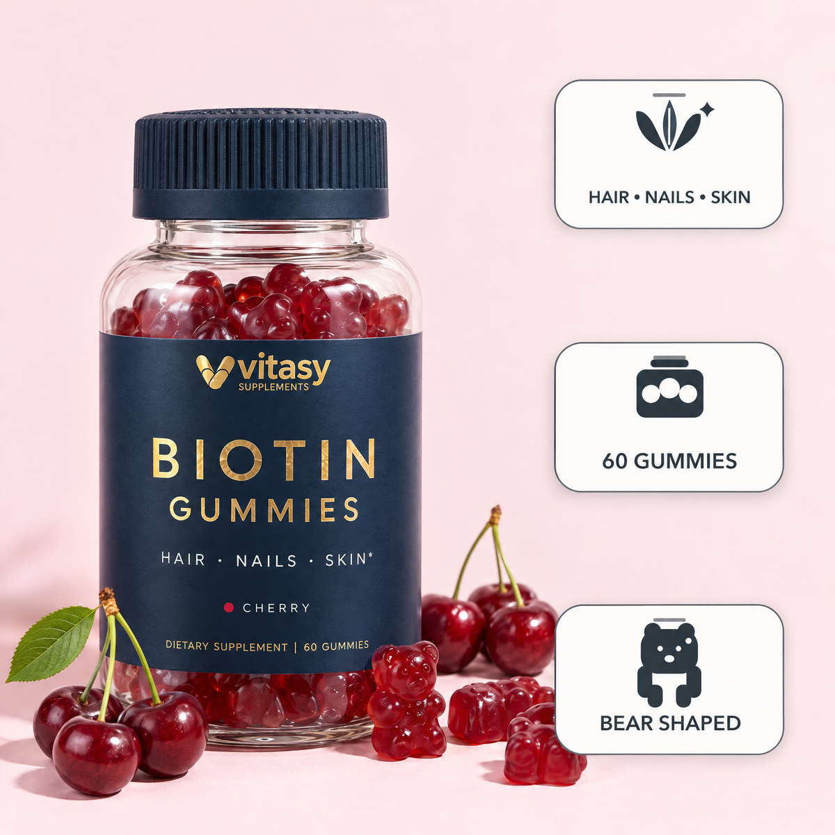 Vitasy Biotin Gummies Cherry, navy bottle with gold foil label, 60 bear-shaped gummies for hair, nails and skin