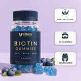 Vitasy Biotin Gummies Blueberry, navy bottle with gold foil label, 60 bear-shaped gummies for hair, nails and skin