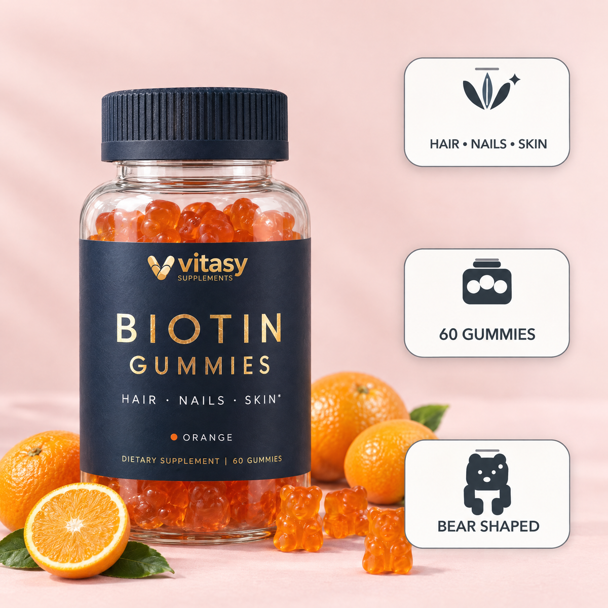 Vitasy Biotin Gummies Orange, navy bottle with gold foil label, 60 bear-shaped gummies for hair, nails and skin