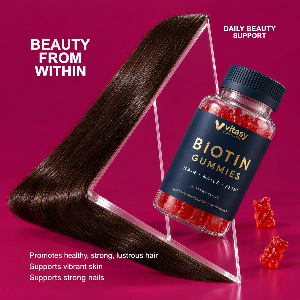 Beauty from within: promotes healthy, strong, lustrous hair, supports vibrant skin, supports strong nails