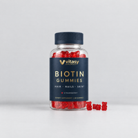 Vitasy Biotin Gummies Strawberry, navy bottle with gold foil label, 60 gummies