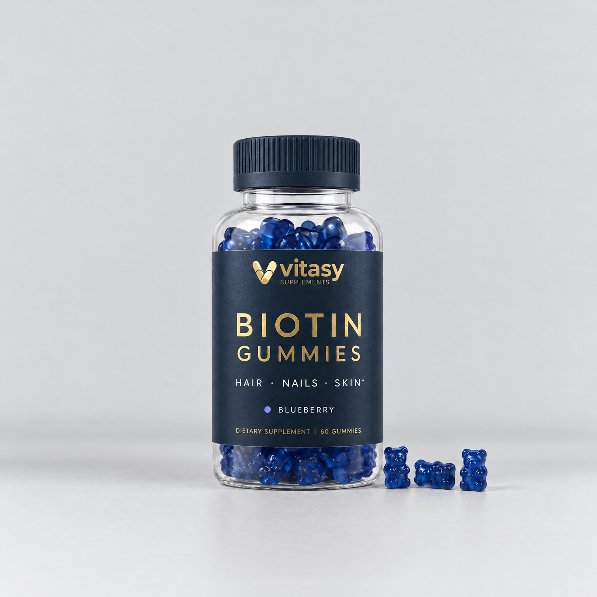 Vitasy Biotin Gummies Blueberry, navy bottle with gold foil label, 60 gummies