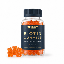 Vitasy Biotin Gummies Orange, navy bottle with gold foil label, 60 gummies, on white