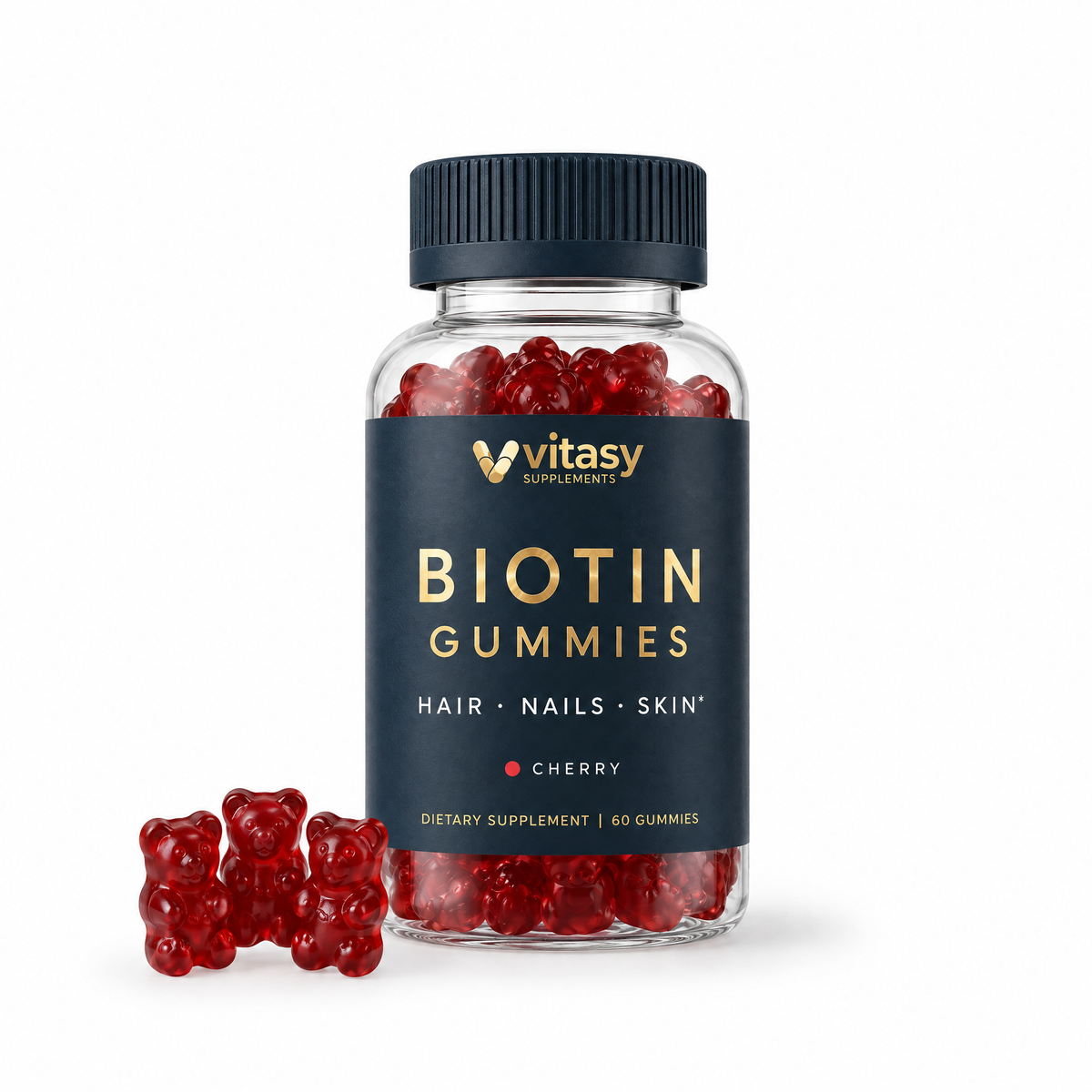 Vitasy Biotin Gummies Cherry, navy bottle with gold foil label, 60 gummies, on white