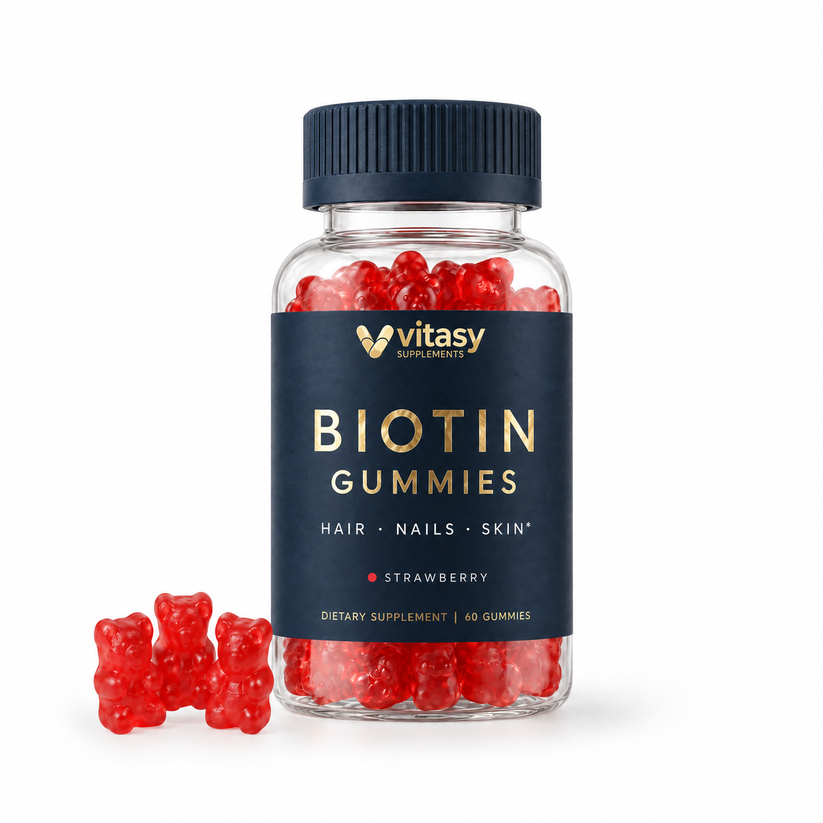 Vitasy Biotin Gummies Strawberry, navy bottle with gold foil label, 60 gummies, on white