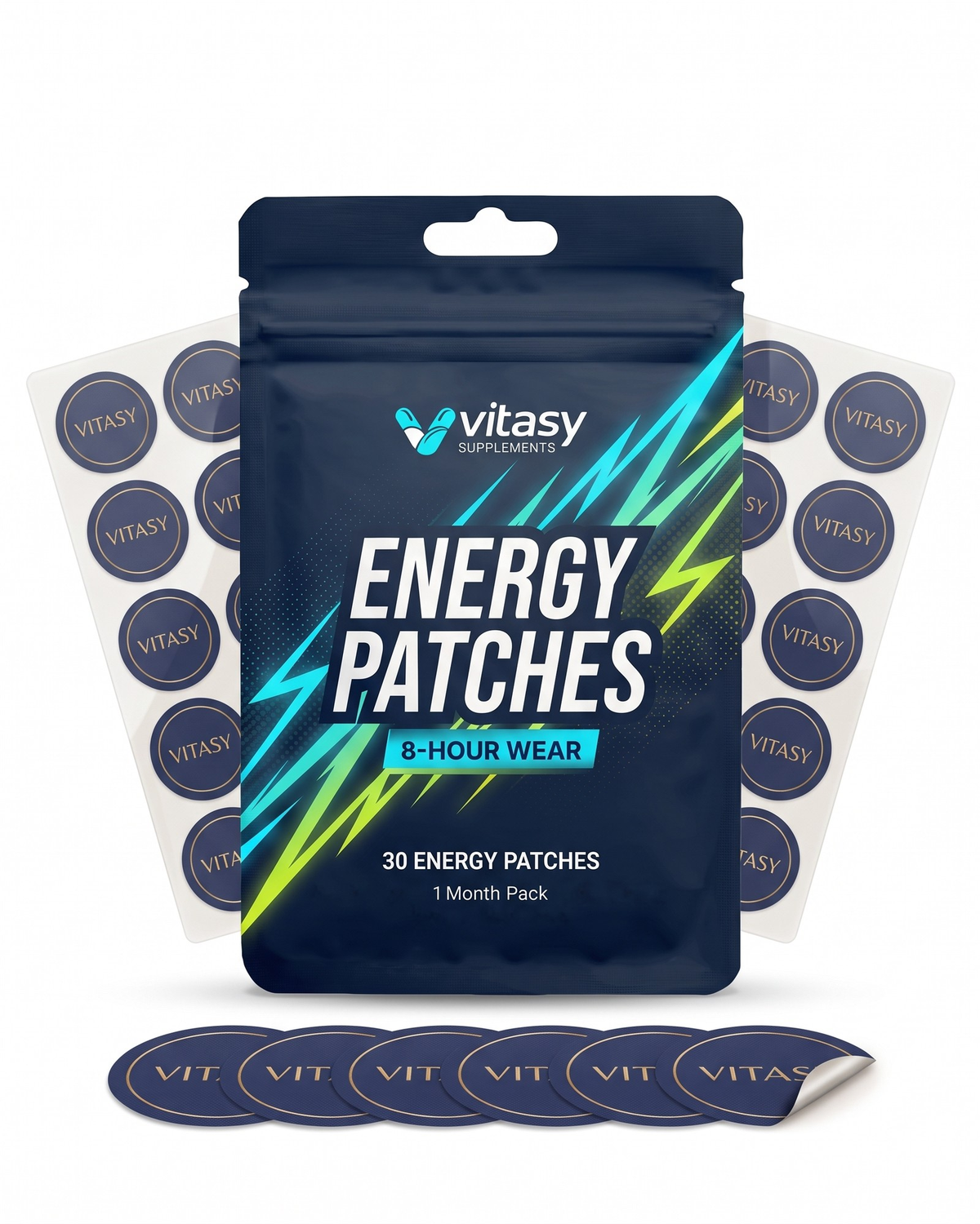 Vitasy Energy Patches pouch with round navy patches, 30 patches