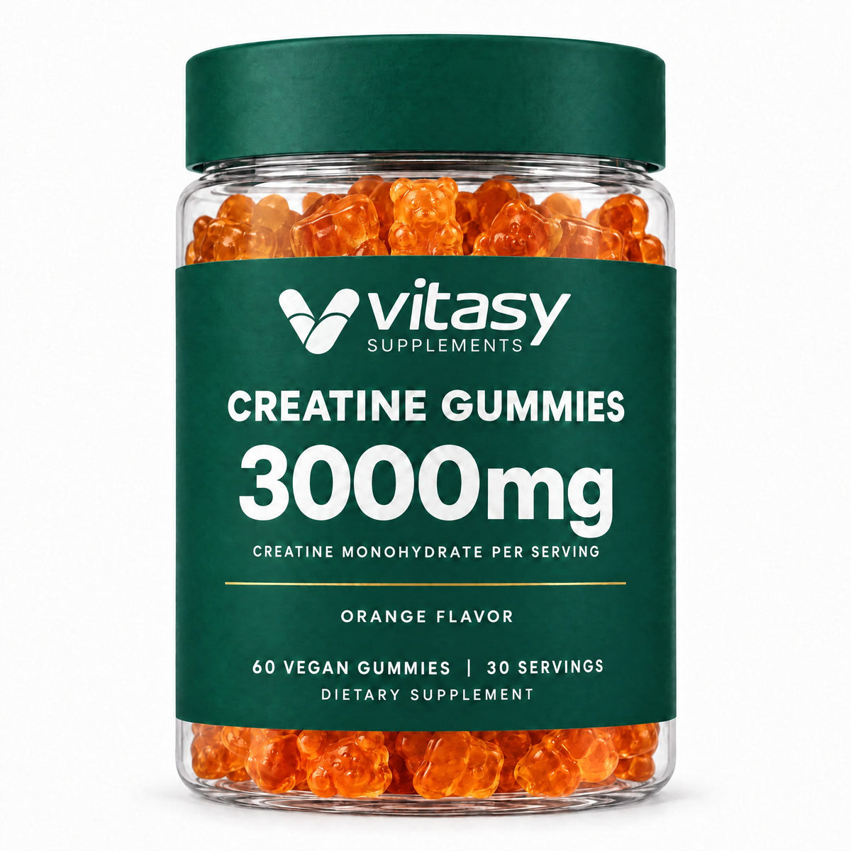 Vitasy Creatine Gummies jar, orange flavor, 3000mg creatine monohydrate per serving