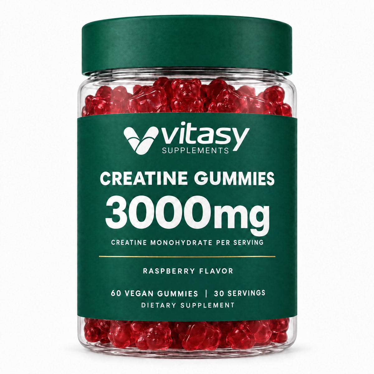 Vitasy Creatine Gummies jar, raspberry flavor, 3000mg creatine monohydrate per serving
