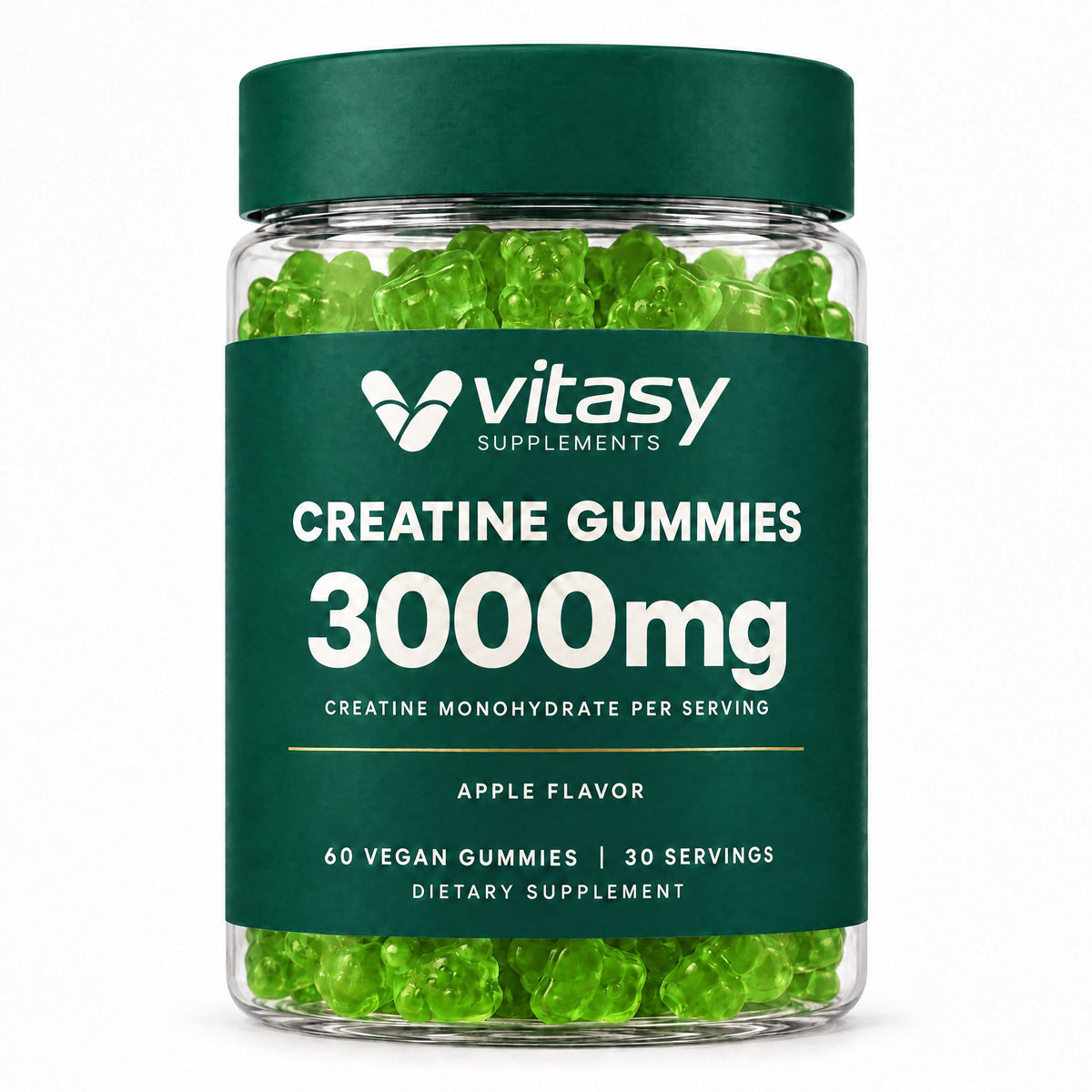 Vitasy Creatine Gummies jar, apple flavor, 3000mg creatine monohydrate per serving