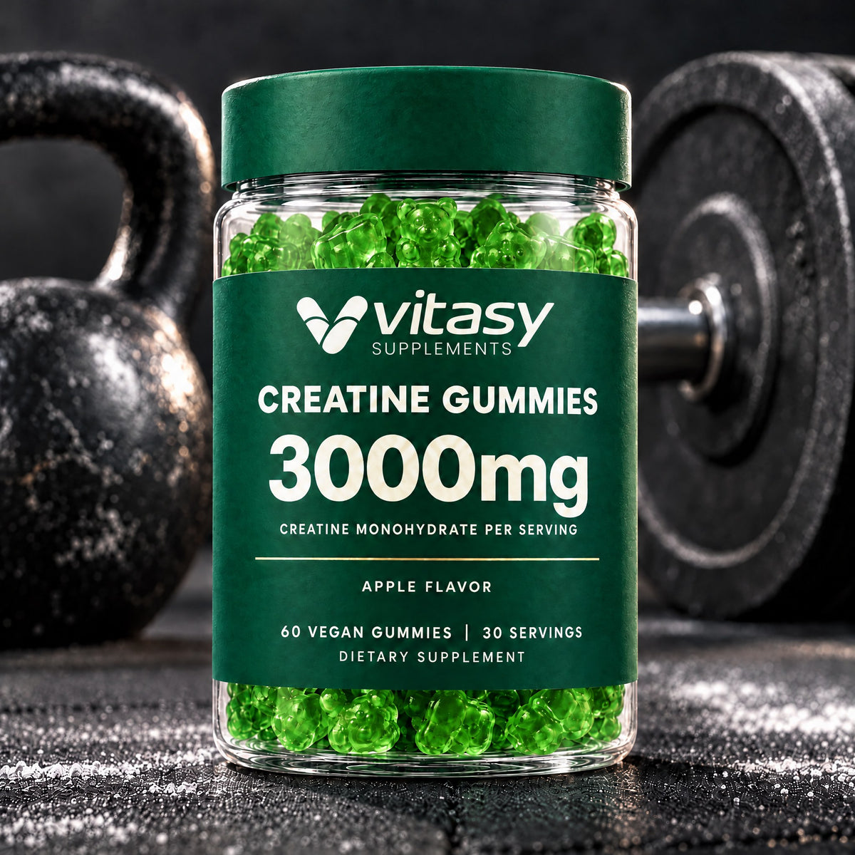 Apple Vitasy Creatine Gummies jar on a gym floor with a kettlebell and weight plate