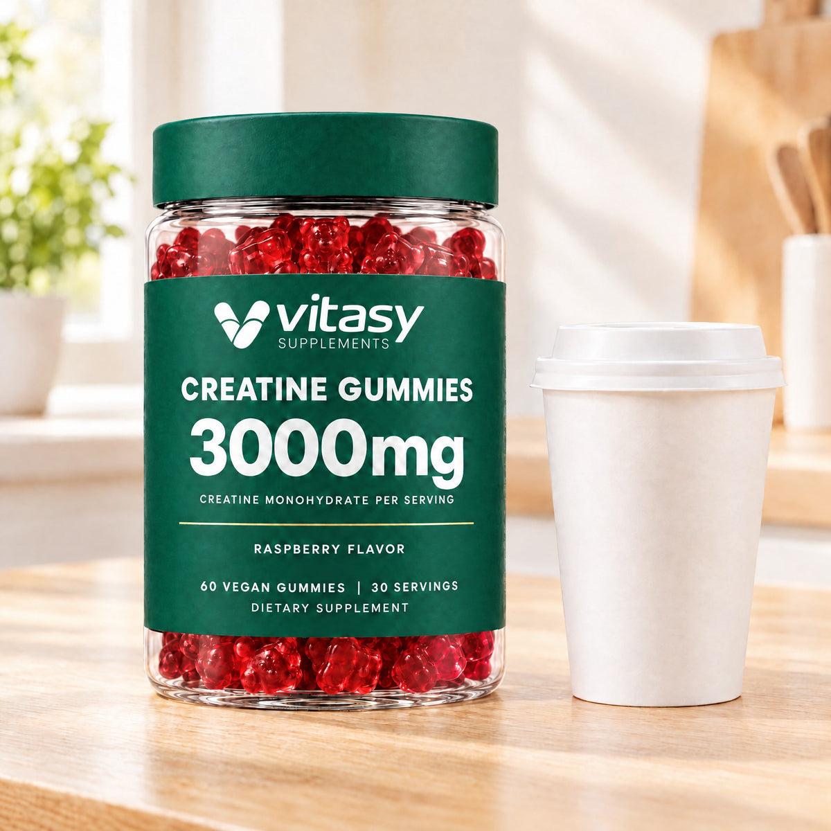 Raspberry Vitasy Creatine Gummies jar next to a coffee cup on a kitchen counter