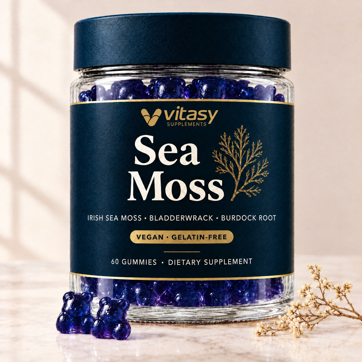 Vitasy Sea Moss Gummies jar, Blueberry flavor