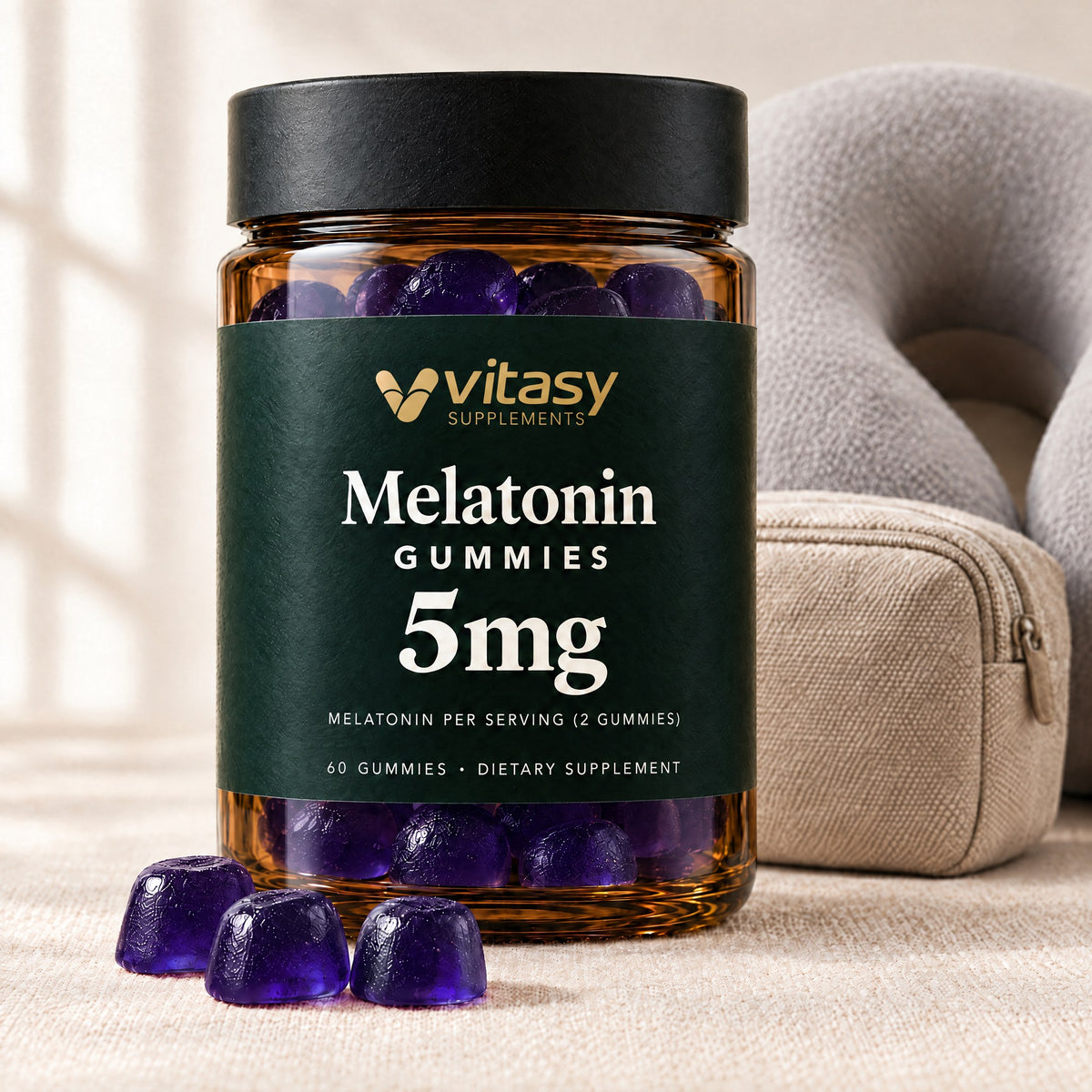 Vitasy Melatonin Gummies jar, Blueberry flavor