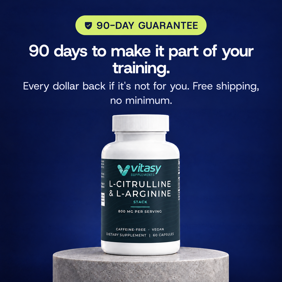 90-day guarantee: 90 days to make it part of your training. Every dollar back if it's not for you. Free shipping, no minimum
