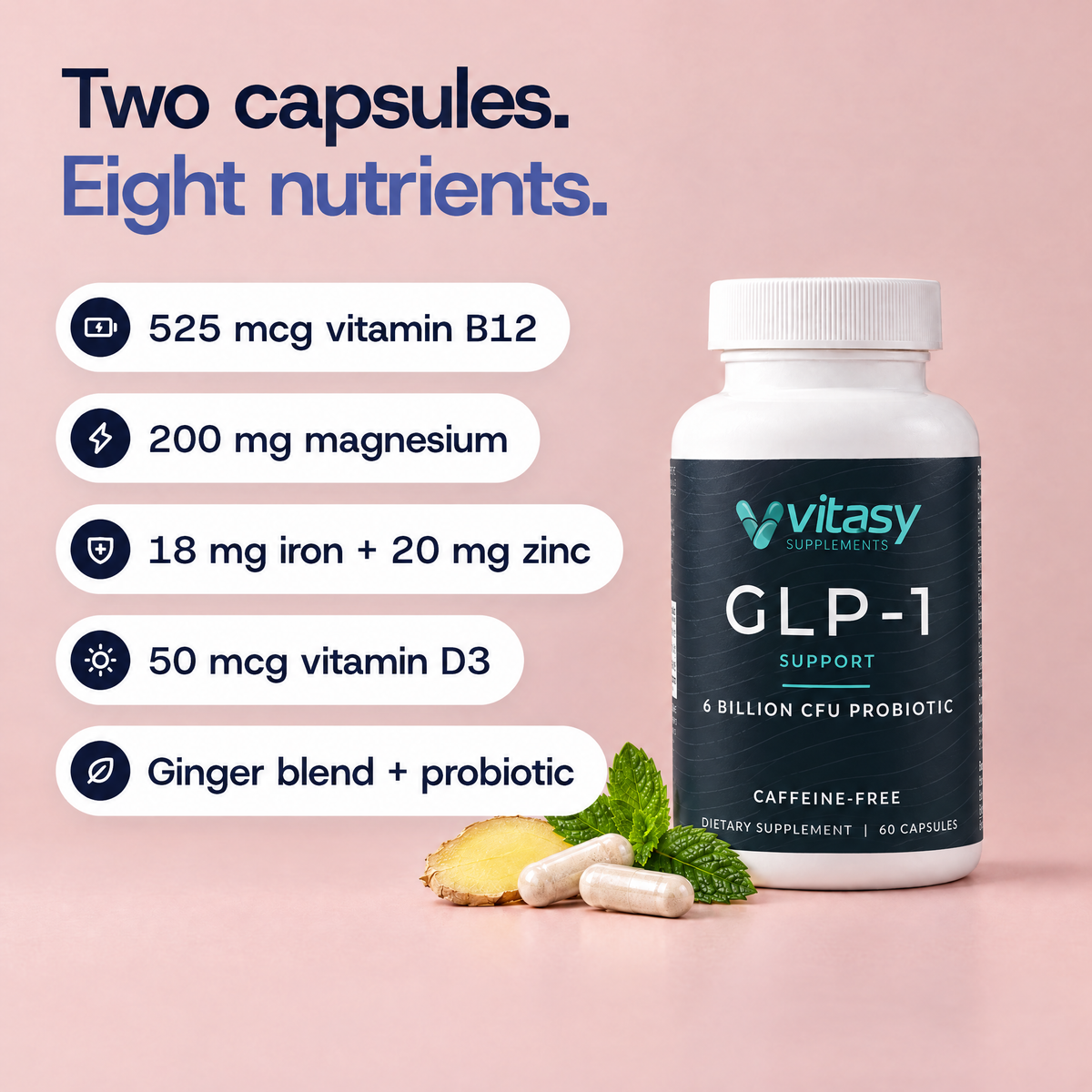 Two capsules, eight nutrients: 525 mcg vitamin B12, 200 mg magnesium, 18 mg iron and 20 mg zinc, 50 mcg vitamin D3, ginger blend and probiotic