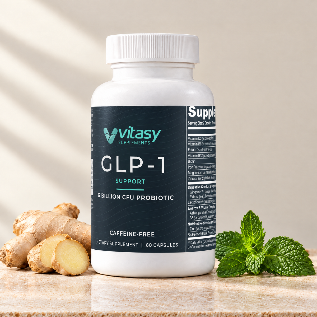 GLP-1 Support Supplement bottle, 60 capsules, with fresh ginger root and mint