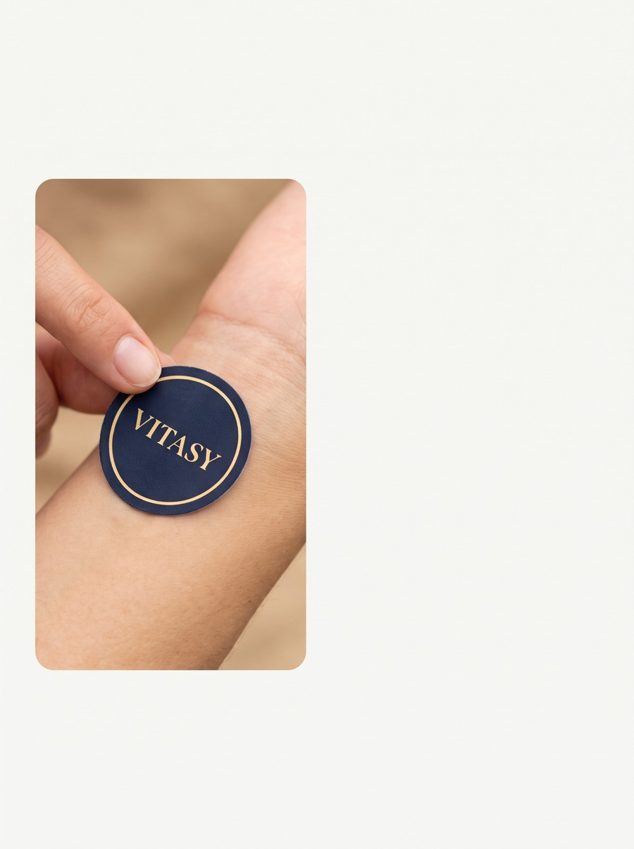 Fingers pressing a Vitasy patch onto the wrist