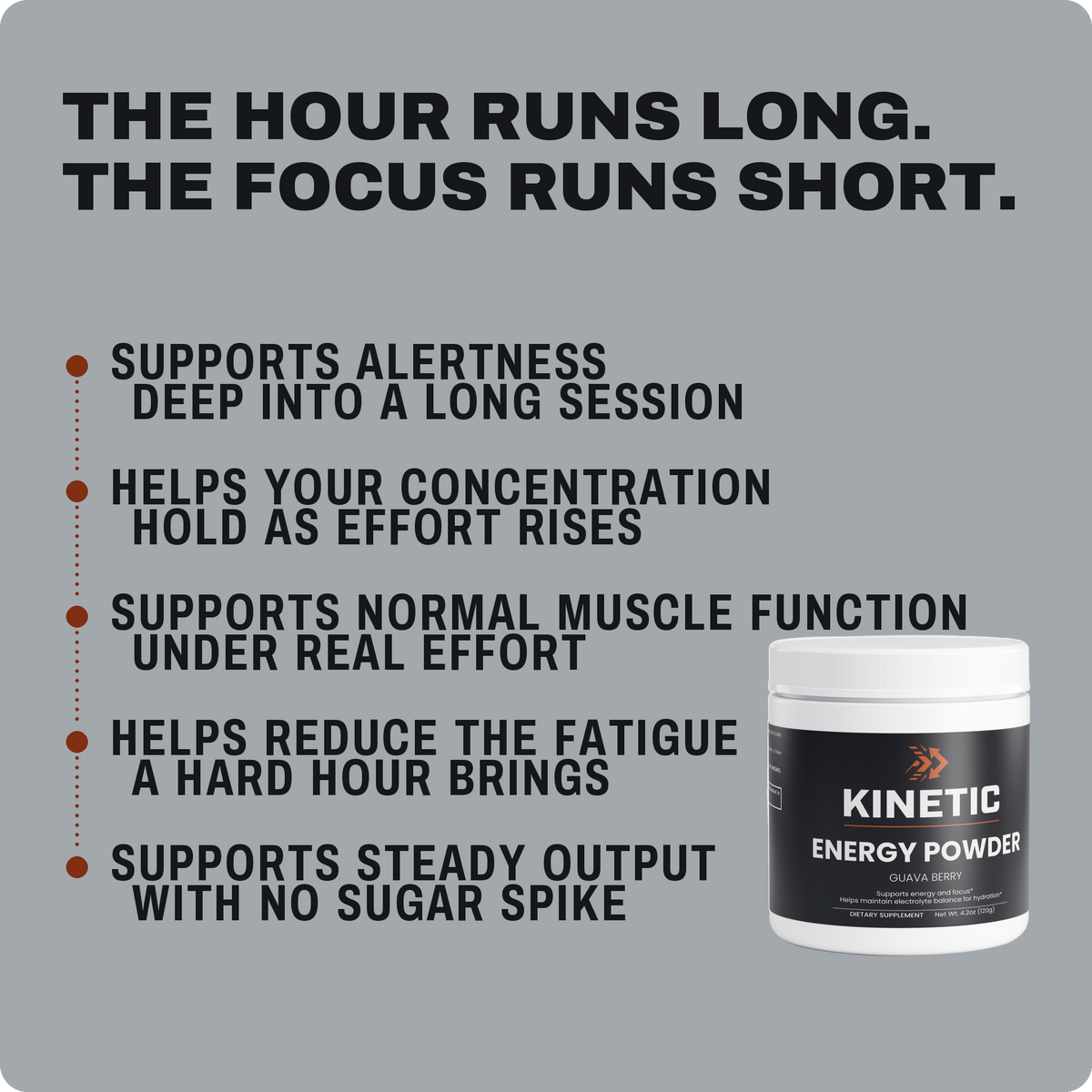 The hour runs long. The focus runs short. — five benefits of KINETIC Energy Powder, Guava Berry