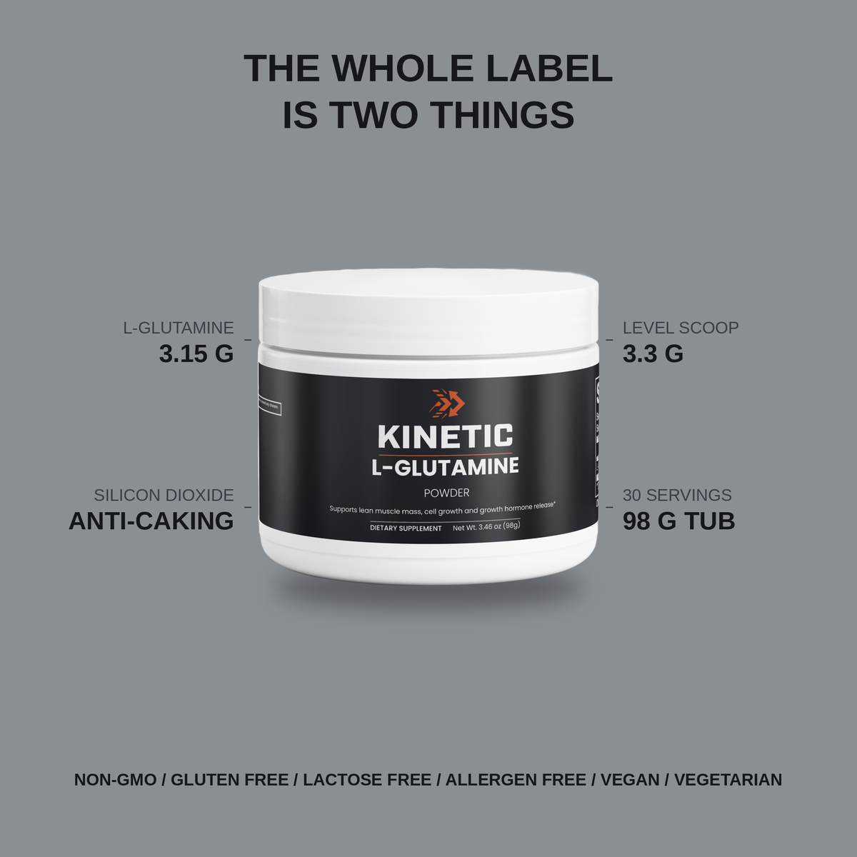 The whole KINETIC L-Glutamine label is two things - 3.15 g L-glutamine and silicon dioxide, 3.3 g level scoop, 30 servings in a 98 g tub (v2)