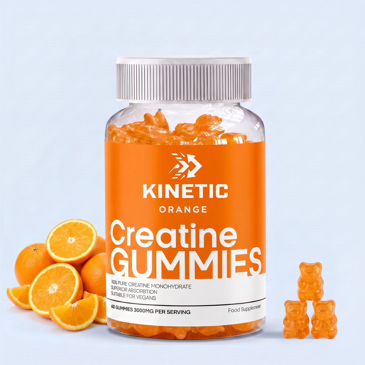 Creatine Gummies v8 - Orange jar, 60 gummies, 3000mg creatine monohydrate per serving