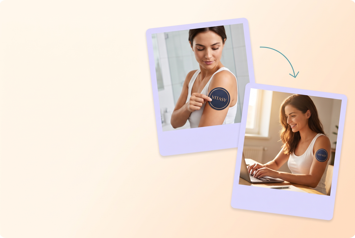 Woman applying a Vitasy patch in the morning and wearing it at her desk
