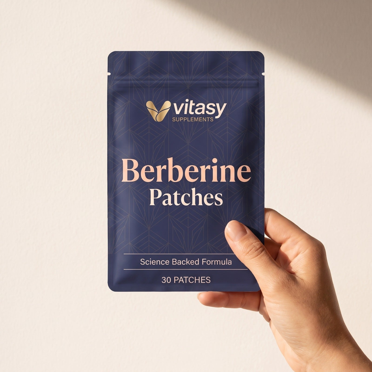 Hand holding a Vitasy Berberine Patches pouch