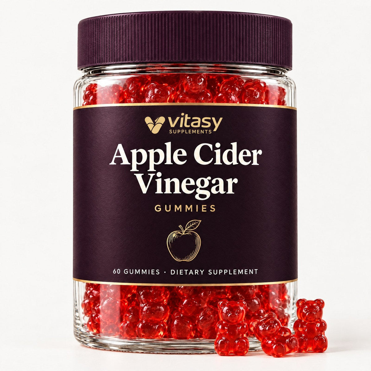 Vitasy Apple Cider Vinegar Gummies jar with red gummy bears