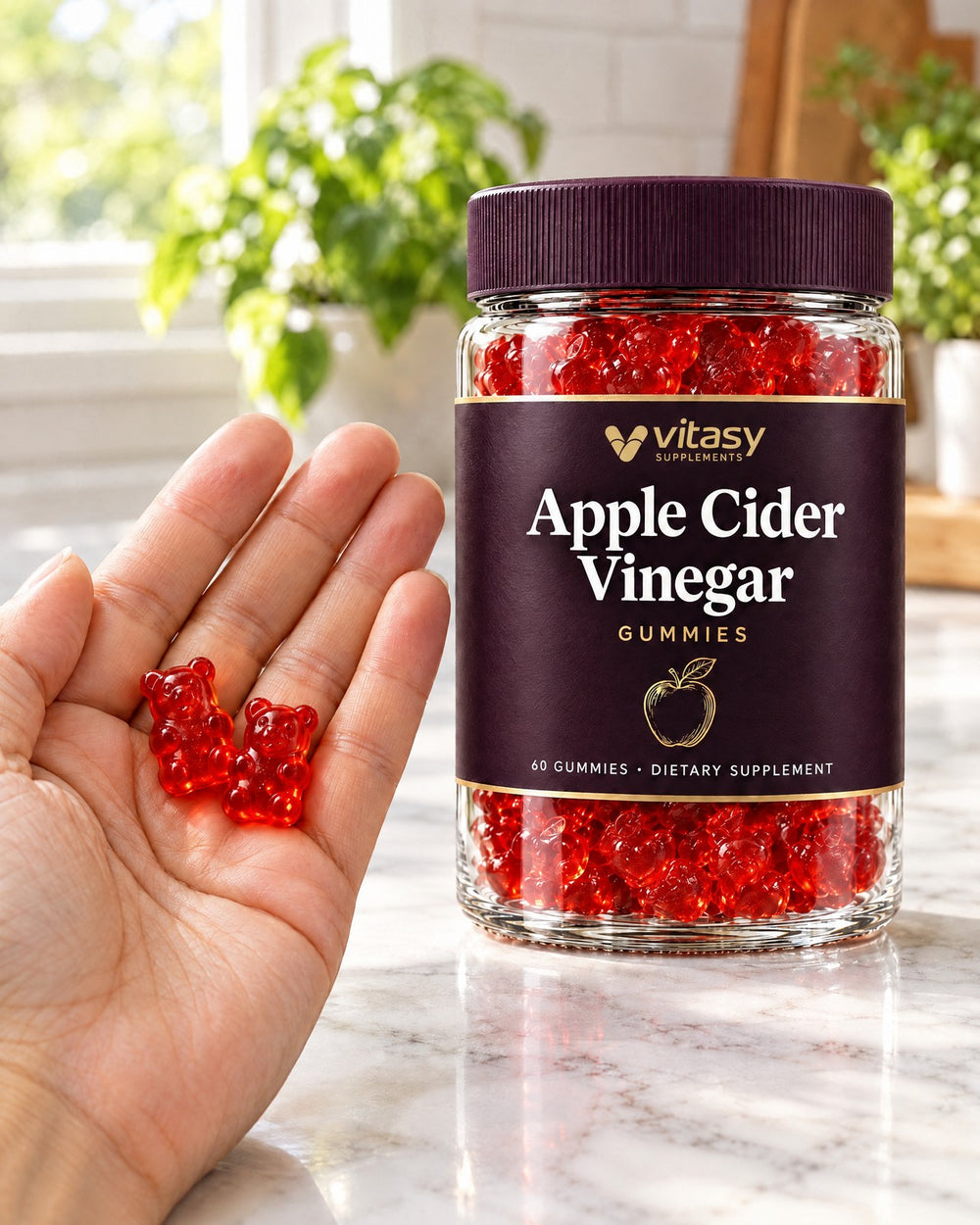 Two red Vitasy gummy bears in an open hand next to the jar