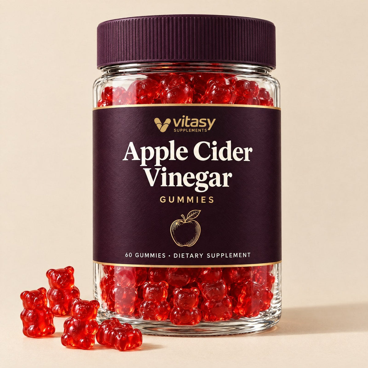 Vitasy Apple Cider Vinegar Gummies jar with red gummy bears