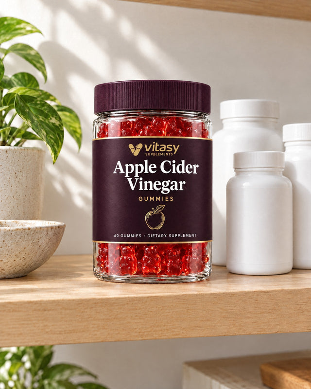 Vitasy jar on a shelf next to other supplement bottles